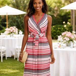 Tommy Hilfiger Size 8 Sleeveless Stripe Faux-Wrap Dress Belted Summer Sundress